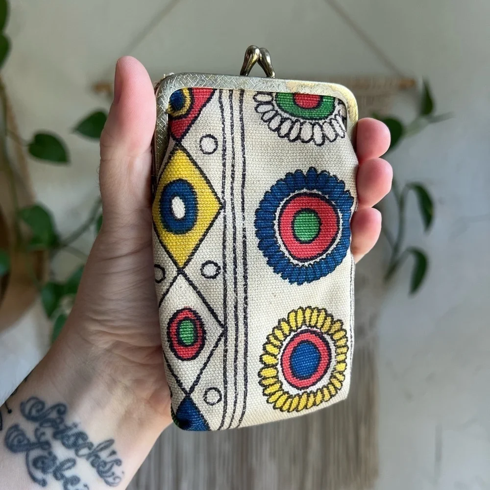 Vintage Canvas Coin Purse 70s Mod Floral Kiss Lock Wallet Boho Retro Pouch Bag